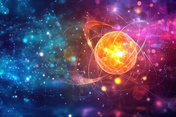 Poster - Colorful representation of atomic structure against a cosmic background illuminating the universe