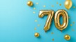 © ryanbagoez - Banner with number 70 golden balloon with copy space. thirty years anniversary celebration concept on a blue background