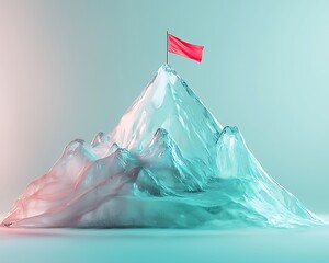 Wall Mural - A stylized mountain made of translucent materials, featuring a red flag at its peak, symbolizes achievement and aspiration.