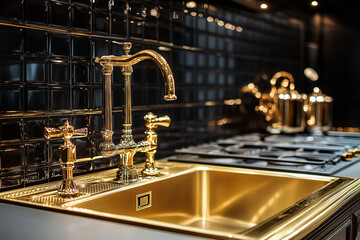 Wall Mural - Elegant home kitchen interior with gold faucet and stove