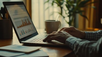 Poster - A person working on a laptop, analyzing data with a cup of coffee nearby.