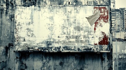 Poster - A weathered billboard on a dilapidated wall, partially covered by a tattered cloth.