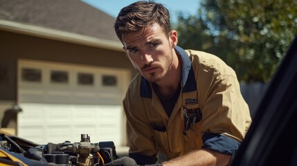 Poster - A mechanic working on a car engine in a residential setting.