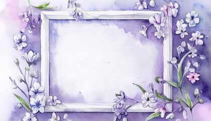 Wall Mural - Spring watercolor floral white frame with purple flowers, branches, abstract splashes on white background with copy space. Mothers day, wedding greeting card or banner design. Summer frame for poster.