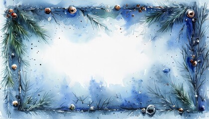 Wall Mural - Merry Christmas winter watercolor blue floral frame with fir branches, abstract splashes on white background with copy space. New Year greeting card or banner design. Christmas frame for poster.