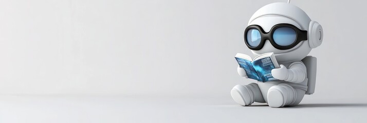 Poster - A cute robot character sitting and reading a book, showcasing a blend of technology and leisure.