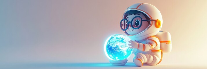 Poster - A cute astronaut child holds a glowing Earth, symbolizing exploration and curiosity.