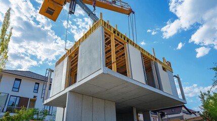 Poster - A close-up of prefabricated walls being aligned and installed using a crane at a modern home construction site.