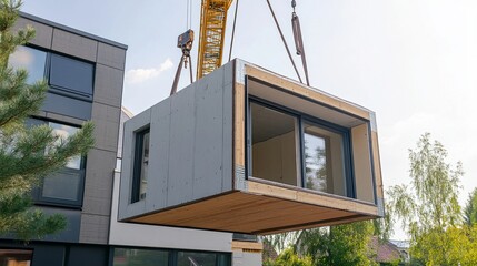 Poster - A close-up of prefabricated walls being aligned and installed using a crane at a modern home construction site.