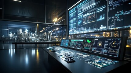 Poster - Crude Oil Refinery Operation Concept Modern Control Room Inside a High-Tech Refinery Featuring Advanced Operations Monitoring and Multiple Display Screens for Enhanced Efficiency and Safety Management