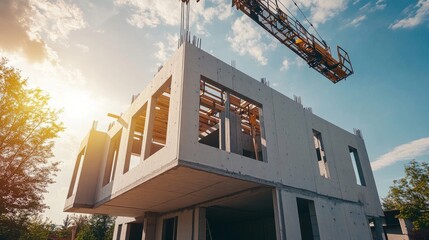 Poster - A close-up of prefabricated walls being aligned and installed using a crane at a modern home construction site.