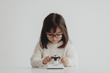 Poster - A child examines a microscope with curiosity, showcasing a moment of scientific exploration.