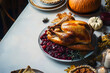 © john - Thanksgiving Dinner Spread with Roasted Turkey, Cranberry Sauce, and Pumpkin Pie