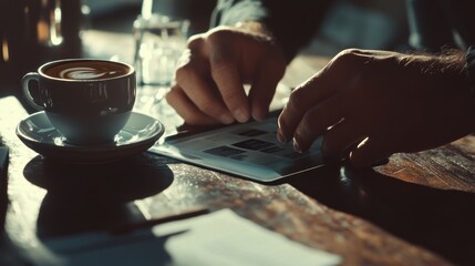 Poster - A person interacting with a tablet while enjoying a cup of coffee in a cozy setting.