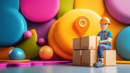 Poster - A 3D character sits on boxes against a vibrant backdrop, symbolizing logistics and delivery.