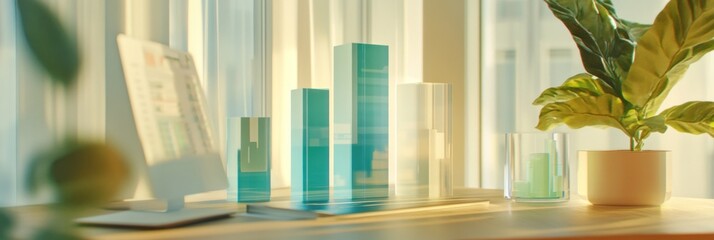 Poster - a modern workspace featuring a computer, glass structures, and a decorative plant.