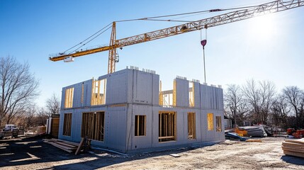 Poster - A modern construction process featuring prefabricated wall installation at a residential site, a crane in action overhead.