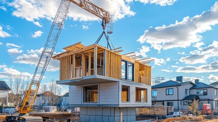 Poster - A new home under construction with large prefabricated wall panels lifted into place by a crane at a bustling building site.
