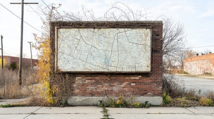 Poster - An overgrown billboard structure with a faded map, surrounded by weeds and urban decay.