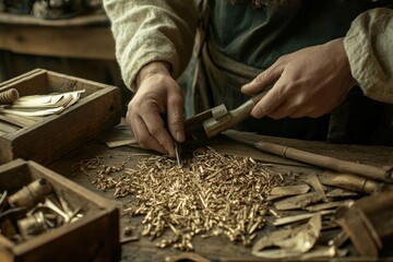 Poster - A craftsman working with metal tools on a wooden table filled with shavings and materials.