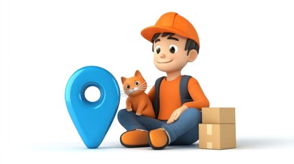 Aufkleber - A cartoon character in an orange cap sits with a cat, a location pin, and boxes.