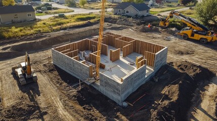 Poster - An aerial view of a residential construction project where prefabricated walls are installed with cranes and heavy equipment.
