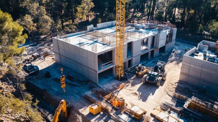 Poster - An aerial view of a residential construction project where prefabricated walls are installed with cranes and heavy equipment.