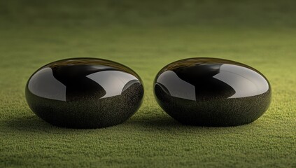 Poster - Two polished black stones resting on a green surface, showcasing simplicity and elegance.