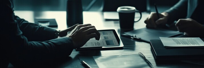 Poster - A business meeting with a tablet, documents, and coffee on a table.