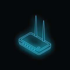 Poster - Glowing blue neon icon of a wi fi router transmitting a wireless signal on a dark background