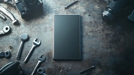Poster - A blank device on a workbench surrounded by tools and a camera, suggesting creativity and repair.