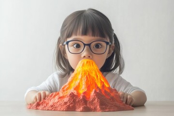 Poster - A child gazes in awe at a glowing volcano model, combining curiosity and imagination.