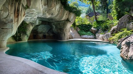 Canvas Print - A serene indoor pool surrounded by natural rock formations and lush greenery, creating a tranquil retreat.