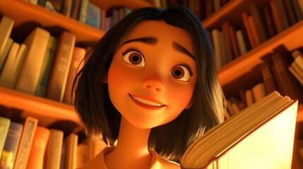 Aufkleber - A young woman smiles while holding a book in a cozy library setting.