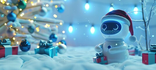 3d Cartoon Cute Santa AI Robot Futuristic Room Blue LED Lights New Year Ornaments Christmas Tree Gift Boxes