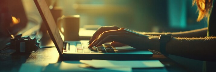 Poster - A person typing on a laptop in a warm, illuminated workspace.