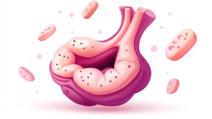 Poster - A stylized illustration of a stomach with floating cells, representing digestive health.