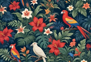 Naklejka na meble Tropical exotic pattern with animal and flowers in bright colors and lush vegetationn