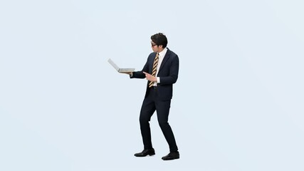 Leinwandbilder - ノートパソコン、PC、ビジネスマン、ダンス、踊る、全身、考える、エンジニア、システム、開発、疑問、悩む、悩み、課題、トラブル、問題、人材、スーツ、ビジネスパーソン、仕事、DX、クラウド、ソフトウェア、アプリ、SE、切り抜き、コピースペース、ビジネス、メール、男性、日本人、転職、検索、営業、SNS、web、オンライン、インターネット、テクノロジー、ERP、ダンサー、入力、忙しい、60p、ソリューショ