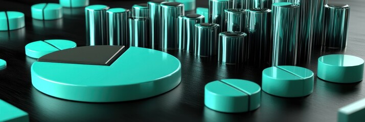 Poster - A 3D representation of data visualization elements in turquoise and black.