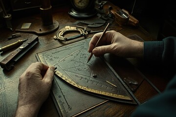 Poster - A hand using a drafting tool on a leather-bound surface, surrounded by vintage instruments.