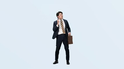 Leinwandbilder - ビジネス、忙しい、ビジネスパーソン、上司、管理職、指示、指導、スマホ、スマートフォン、全身、通話、仕事、オフィス、スーツ、人材、男性、日本人、慌てる、焦る、営業、セールスマン、会社員、サラリーマン、ダンス、踊る、ダンサー、パントマイム、アプリ、トラブル、問題、困る、ストレス、失敗、切り抜き、コピースペース、60p、マーケティング、操作、DX、デジタルトランスフォーメーション、経営、リーダー、待ち合