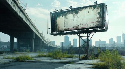 Poster - An abandoned billboard stands near an overpass, surrounded by overgrown vegetation and urban decay.