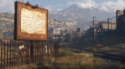 Poster - A weathered billboard stands in a desolate landscape with mountains in the background.