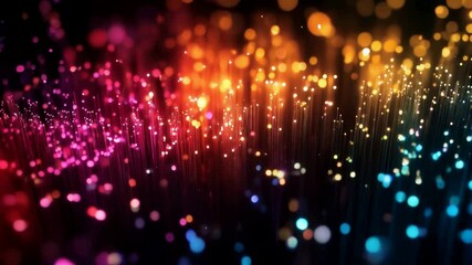 Poster - A colorful array of fiber-optic cables, glowing with vibrant colors against the dark background, symbolizing advanced data transfer technology and connectivity.