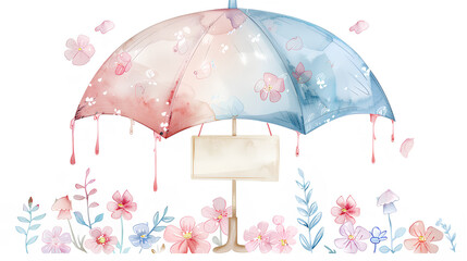 Wall Mural - 
Watercolor cute, adorable pink and blue umbrella with flowers, with an empty rectangle sign hanging on it for text