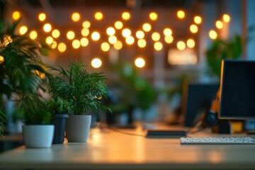 Poster - A cozy office space with plants and warm lights creating a welcoming atmosphere.