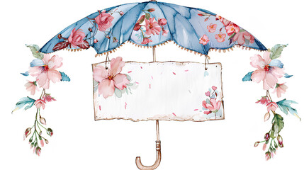 Wall Mural - 
Watercolor cute, adorable pink and blue umbrella with flowers, with an empty rectangle sign hanging on it for text