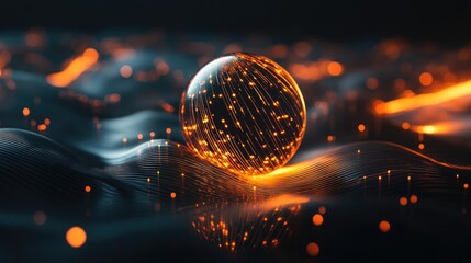 Poster - A glowing 3D sphere surrounded by energy waves on a sleek black background for a modern aesthetic.