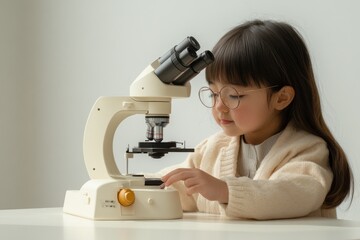 Poster - A child examines a microscope, exploring science and curiosity.